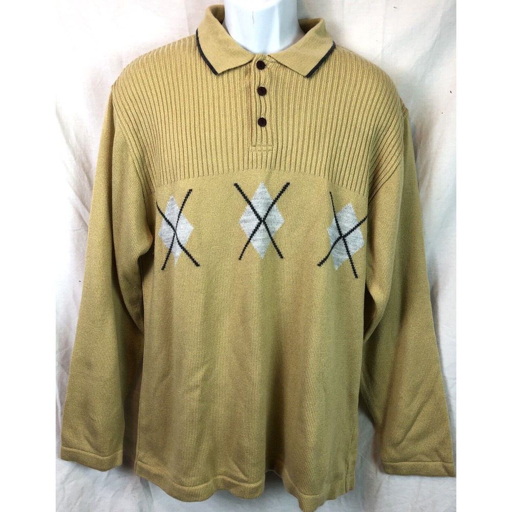 Adolfo golf sweater M Argyle Gold 3 button polo collar long sleeve Knit Preppy